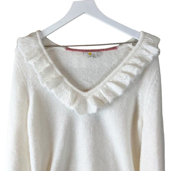 Boden Fluffy Frill V-neck Sweater Ivory Alpaca Size 12 - Picture 8 of 15